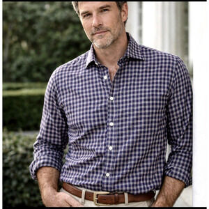Eton Mens Dress Shirt Blue/White Check 17 1/2 44 XL Slim Long Sleeve Button Up